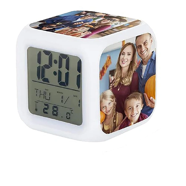 Personalized Photo LED Digital Alarm Clock � Custom 4-Photo Color-Changing Cube with Time, Date, Temp Display � Digital Alarm Clock for Kids Girls, Table Clock, Customized Gift