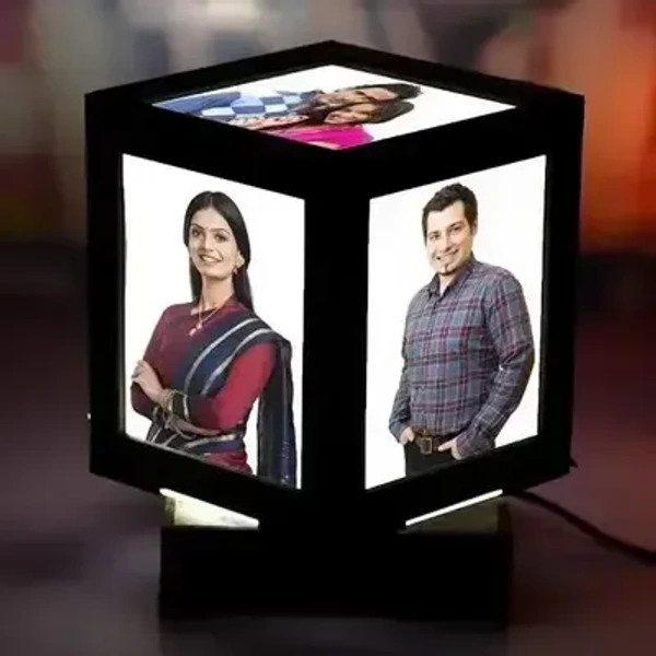 Personalized Wooden Black Art Deco LED Table Lamp Rotating Photo Cube 4x4 inch - 4*4