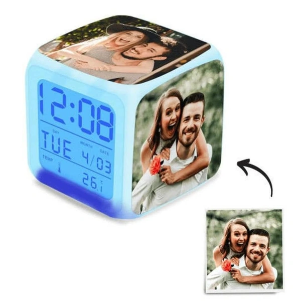 Personalized Photo LED Digital Alarm Clock � Custom 4-Photo Color-Changing Cube with Time, Date, Temp Display � Digital Alarm Clock for Kids Girls, Table Clock, Customized Gift