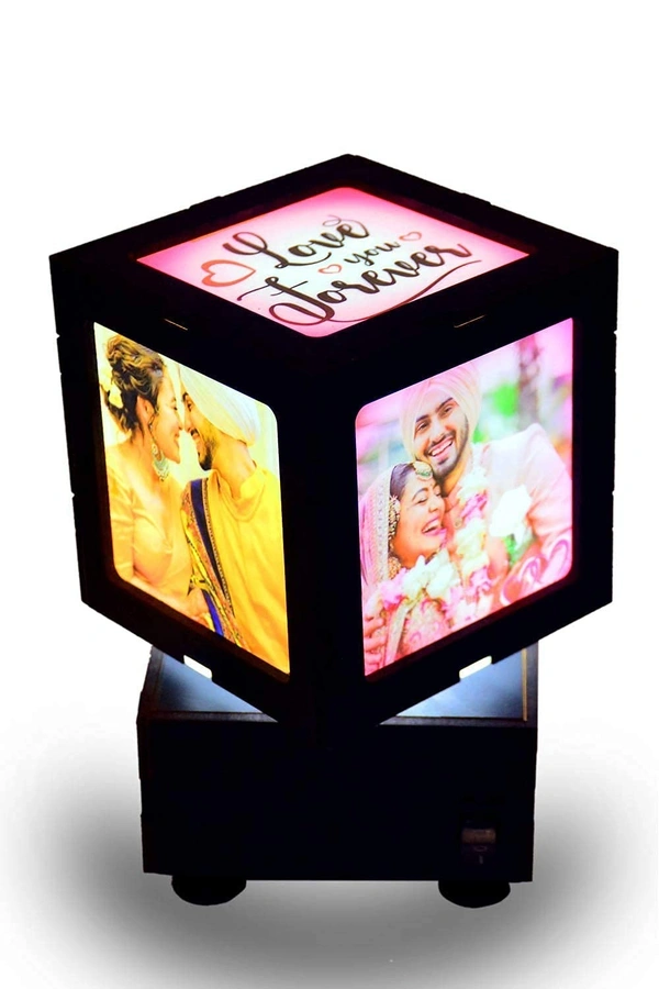 Personalized Wooden Black Art Deco LED Table Lamp Rotating Photo Cube 4x4 inch - 4*4