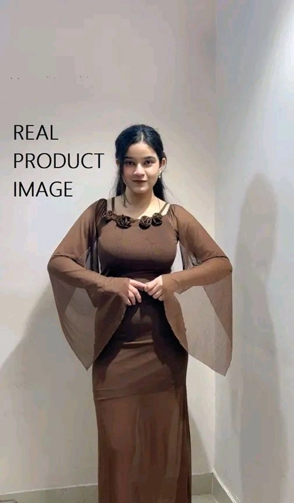 Brown Women Off-Shoulder Bodycon Mesh Maxi Dress with Rose - S, brown