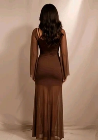 Brown Women Off-Shoulder Bodycon Mesh Maxi Dress with Rose - XS, brown
