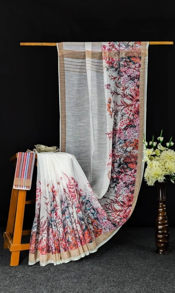 Digital Floral Print Linen Saree