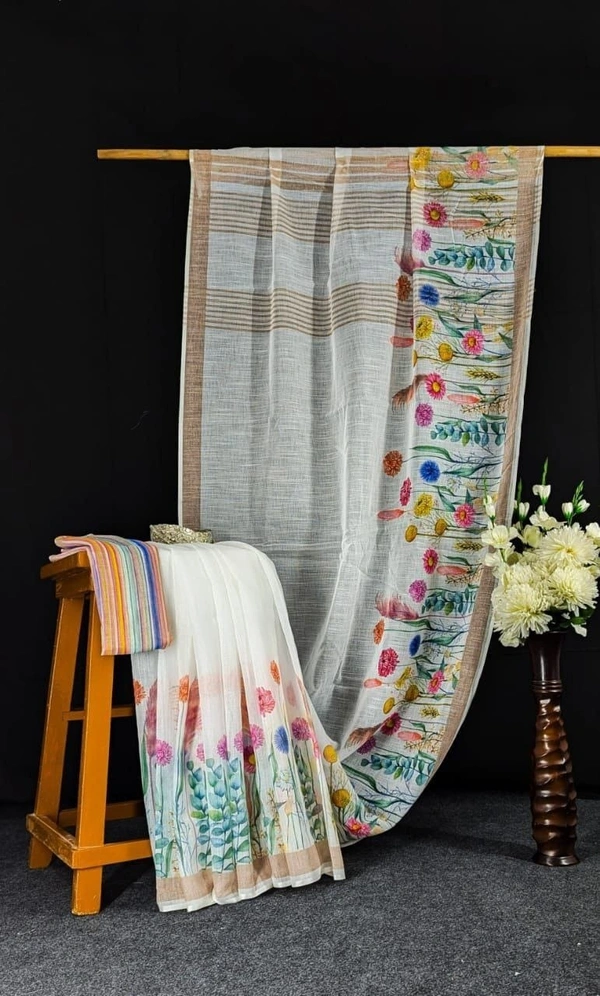  Digital Floral Print Linen Saree