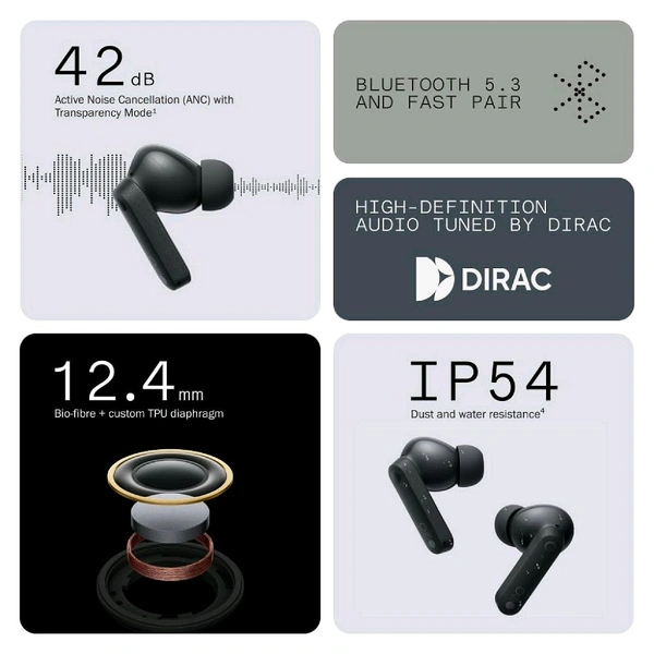Nothing CMF by Nothing Buds - Wireless headphones with 42 dB ANC, Transparency mode, Ultra Bass Technology 2.0, HD Audio from DIRAC, IP54 and connection to two devices - Light Grey - White, Free Size