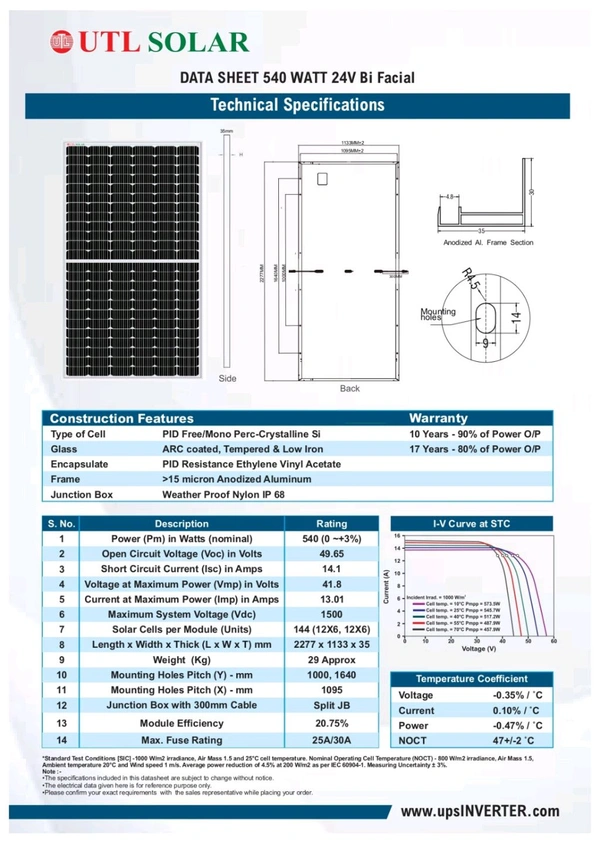 UTL Bifacial 540W 24V Solar Panel - Pack of 2