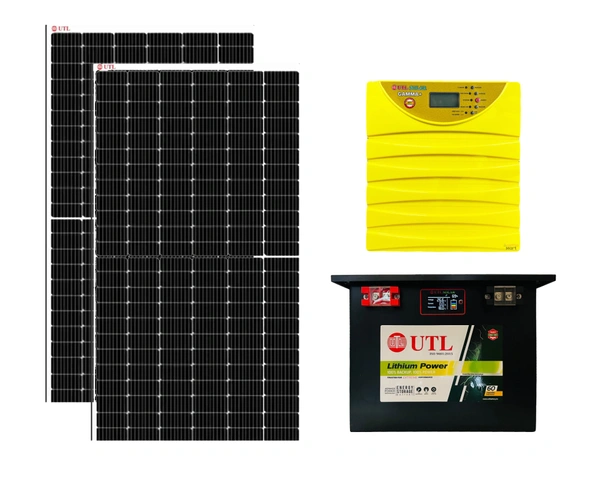 UTL Solar Power Generating System (590W Topcon Bifacial Solar Panel - 2 No., Gamma+ 3400 Li-ion 3KVA 24V MPPT Solar Lithium PCU, UTL 25.6V 100AH Lithium PO4 Battery