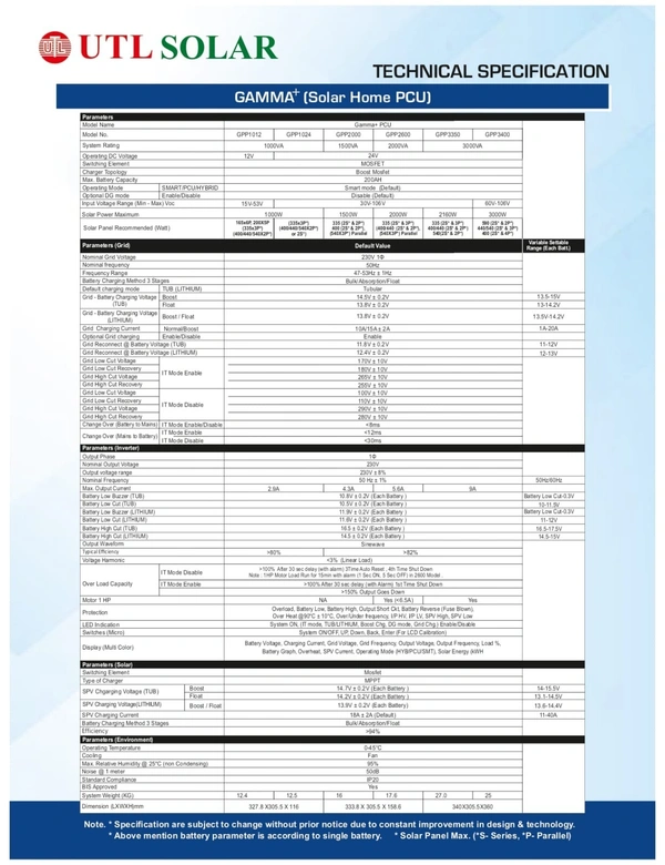 UTL Gamma+ GPP 3400 Li-ion 3KVA 24V MPPT Solar PCU