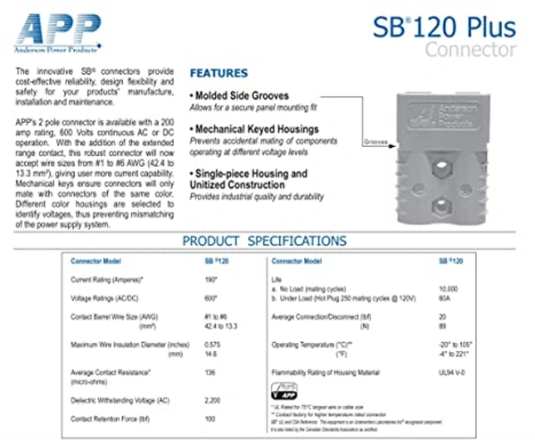 Anderson SB120 120A 600V Quick Disconnect Lithium Battery Connector - 2 Pieces