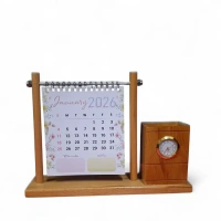 Itsmyway Gift 3-in-1 Wooden Desk Organizer: 2026 Flip Calendar with Analog Clock & Pen Holder – Aesthetic Office Decor & Stationery Gift