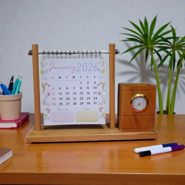Itsmyway Gift 3-in-1 Wooden Desk Organizer: 2026 Flip Calendar with Analog Clock & Pen Holder – Aesthetic Office Decor & Stationery Gift