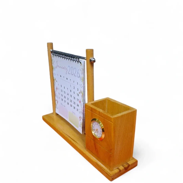 Itsmyway Gift 3-in-1 Wooden Desk Organizer: 2026 Flip Calendar with Analog Clock & Pen Holder – Aesthetic Office Decor & Stationery Gift