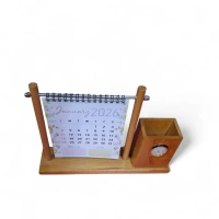 Itsmyway Gift 3-in-1 Wooden Desk Organizer: 2026 Flip Calendar with Analog Clock & Pen Holder – Aesthetic Office Decor & Stationery Gift