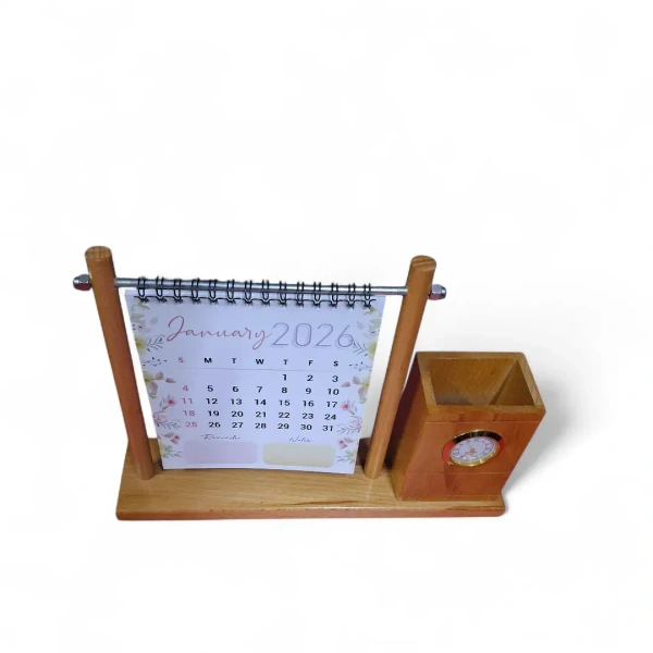 Itsmyway Gift 3-in-1 Wooden Desk Organizer: 2026 Flip Calendar with Analog Clock & Pen Holder – Aesthetic Office Decor & Stationery Gift
