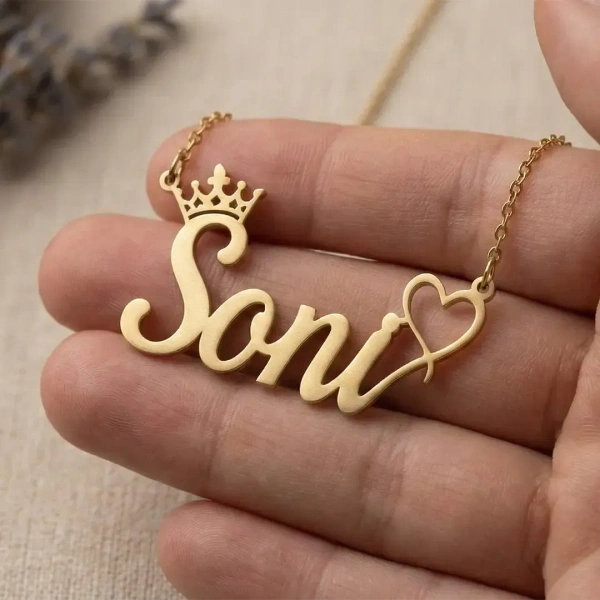Itsmyway Gift Elegant Customised Name Pendant with Heart and Crown | Brass Material | Gift for Her