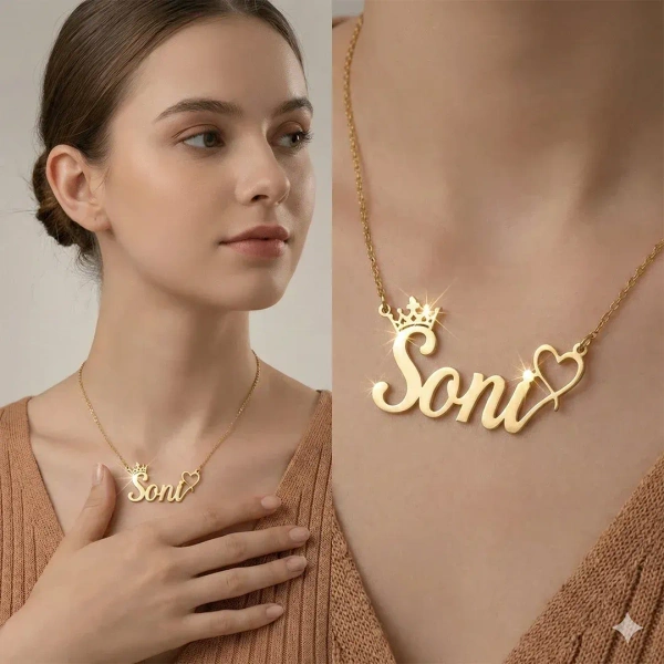 Itsmyway Gift Elegant Customised Name Pendant with Heart and Crown | Brass Material | Gift for Her