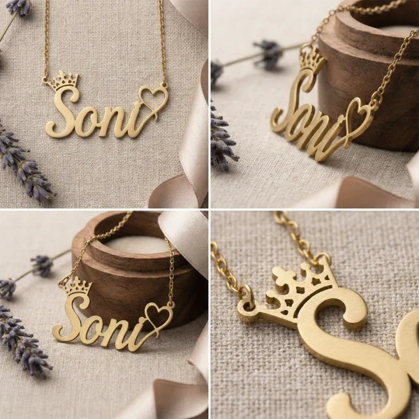 Itsmyway Gift Elegant Customised Name Pendant with Heart and Crown | Brass Material | Gift for Her