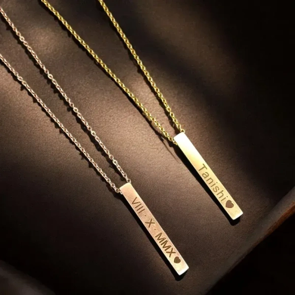 Itsmyway Name Engraved Vertical Bar Pendant Necklace | with Name/Date - Rose Gold