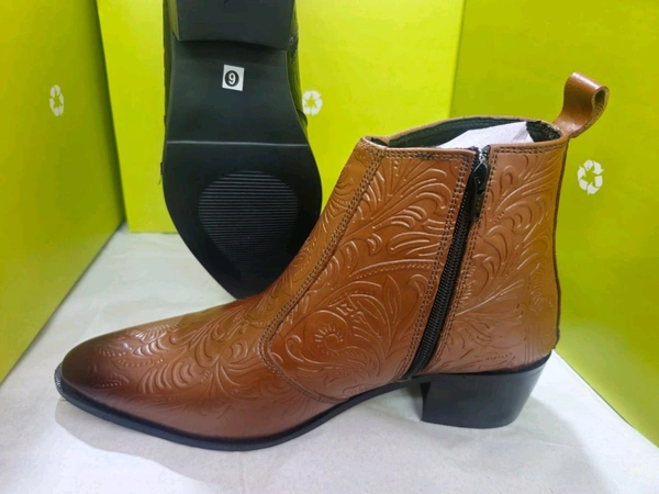 Florence Embossed Tan Leather Shoes With TPR Sole - 6