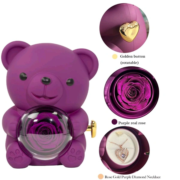 Generic Preserved Purple Real Rose & Purple Bear Box with Heart I Love You Necklace Box and Eternal Flowers Rose