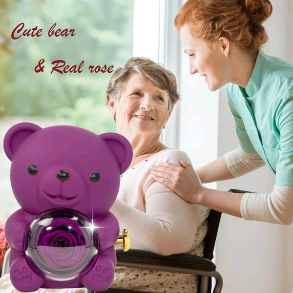 Generic Preserved Purple Real Rose & Purple Bear Box with Heart I Love You Necklace Box and Eternal Flowers Rose