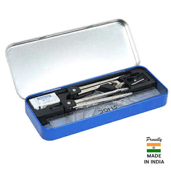 Doms Geommy Mathematical Drawing Instrument Geometry Box | Durable Blue Finish Body | Safe & User Friendly | Set of 10 Instruments Geometry Box
