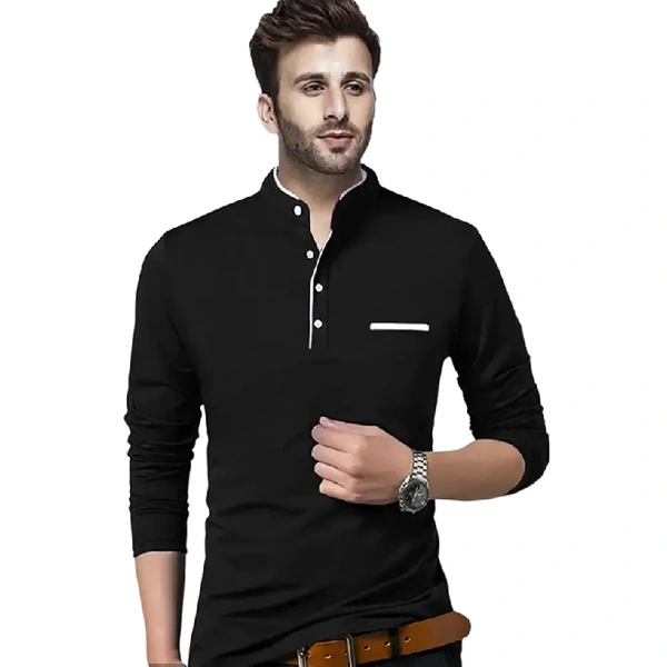 Henley Neck Long Sleeves Cotoon Blend Solid Tshirts - Black, M