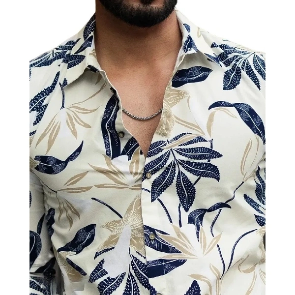 Stylish Lycra Floral Printed Long Sleeves Casual Shirt For Men - M