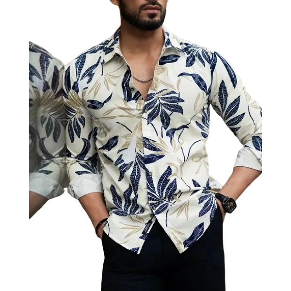 Stylish Lycra Floral Printed Long Sleeves Casual Shirt For Men - L
