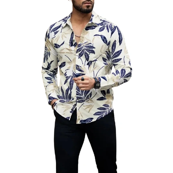 Stylish Lycra Floral Printed Long Sleeves Casual Shirt For Men - L