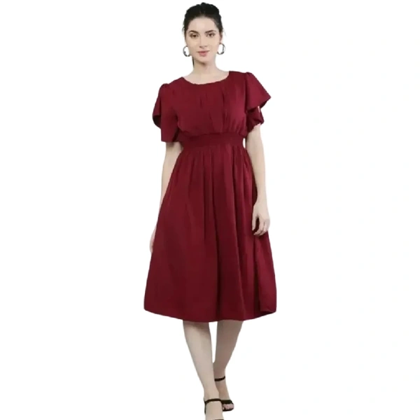 MAROON NECK PLEATED DRESS - MAROON, L