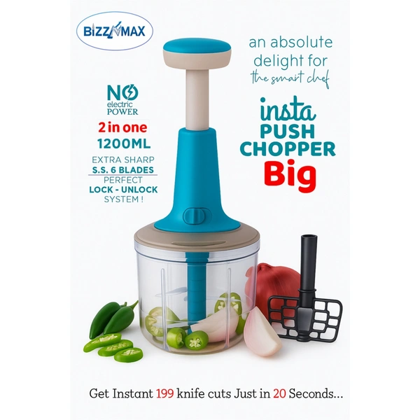 Bizznmax™ Insta Push Chopper 1200 ml Vegetable Chopper  (1 Stainless steel 6 Blade, 1 Blending Bled) - Multiple