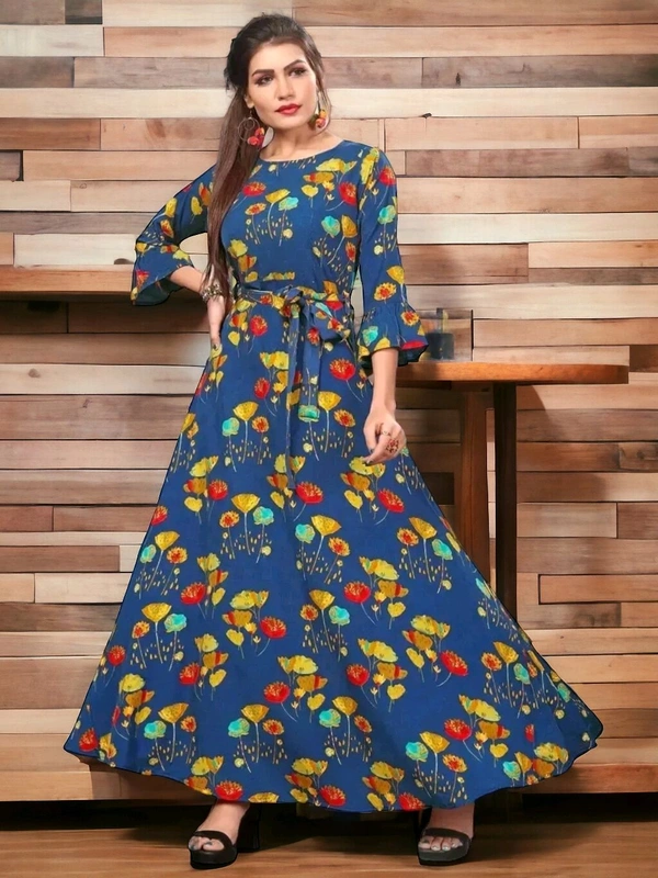 Woman's Multicolor Crepe 3/4 Flared Sleeve Floor Length Anarkali Gown - M