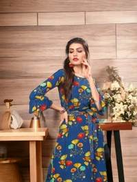 Woman's Multicolor Crepe 3/4 Flared Sleeve Floor Length Anarkali Gown - M