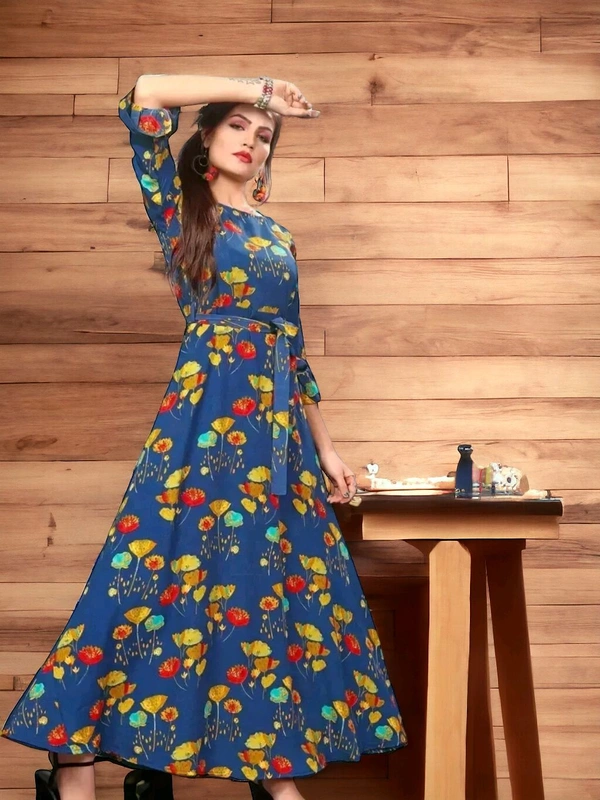 Woman's Multicolor Crepe 3/4 Flared Sleeve Floor Length Anarkali Gown - L