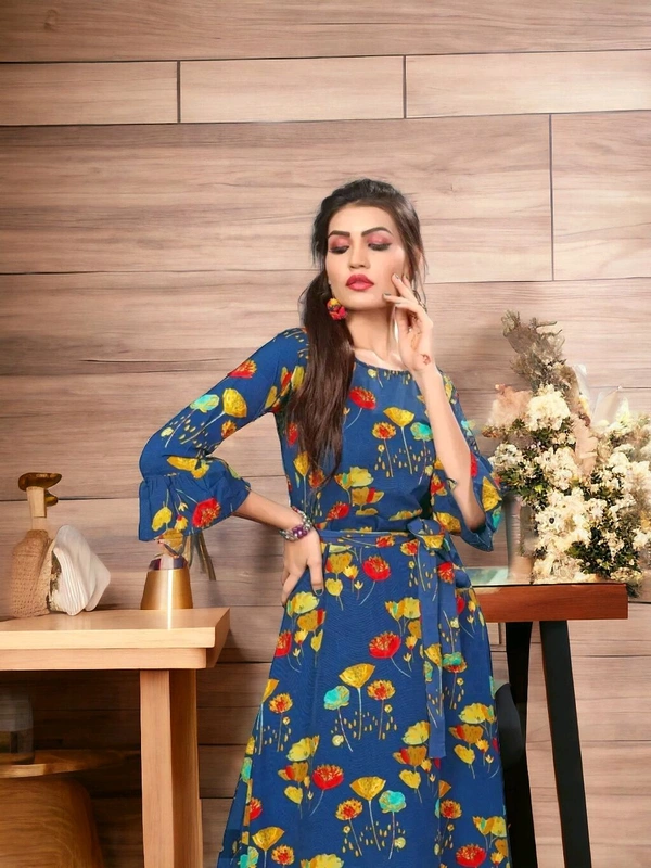 Woman's Multicolor Crepe 3/4 Flared Sleeve Floor Length Anarkali Gown - XL