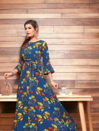 Woman's Multicolor Crepe 3/4 Flared Sleeve Floor Length Anarkali Gown - XL