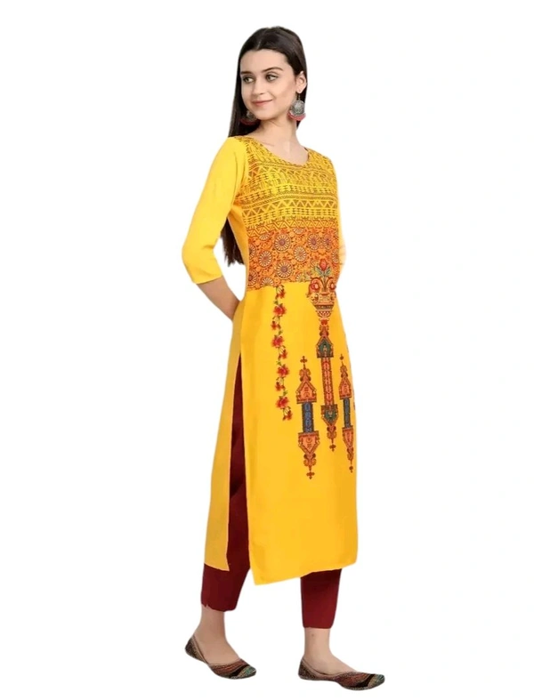 Elegant American Crepe Yellow Round Neck 3/4 Sleeve Printed Straight Kurta For Women - Yellow, M