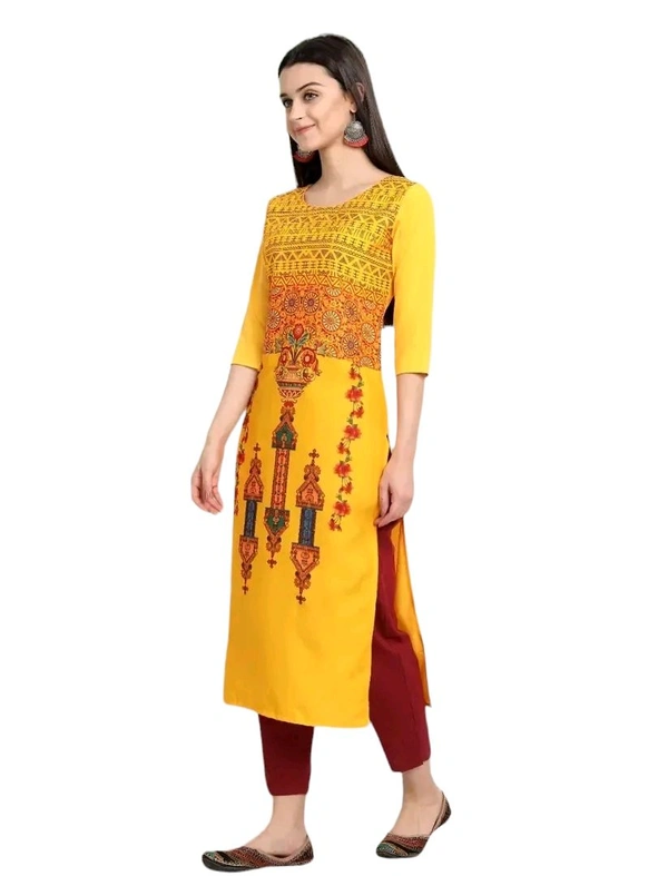 Elegant American Crepe Yellow Round Neck 3/4 Sleeve Printed Straight Kurta For Women - Yellow, M