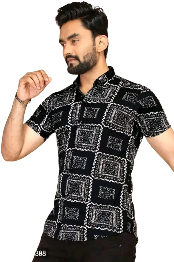 Reliable Black Lycra Printed Short Sleeves Casual Shirt For Men - Black, XL