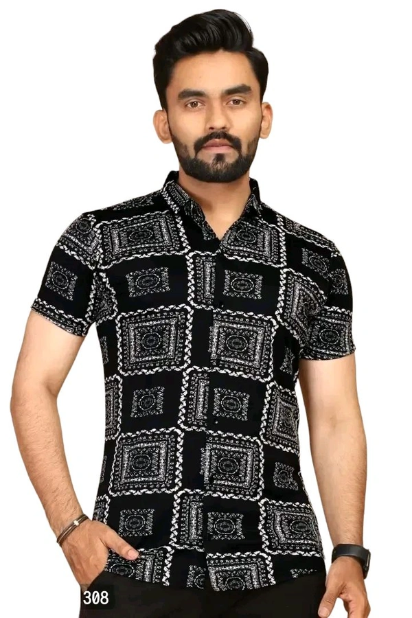 Reliable Black Lycra Printed Short Sleeves Casual Shirt For Men - Black, XXL