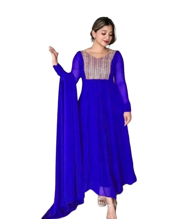 GEORGETTE KURTA WITH EMBROIDERY - Royal Blue, XXL