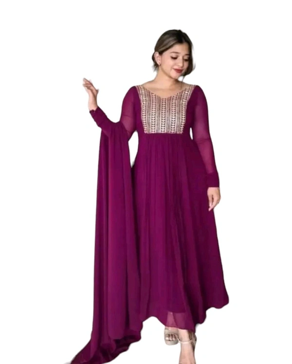 GEORGETTE KURTA WITH EMBROIDERY - Purple, M