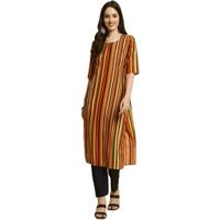 Elegant Crepe Striped Kurta with Pant Set For Women - Multicoloured, L