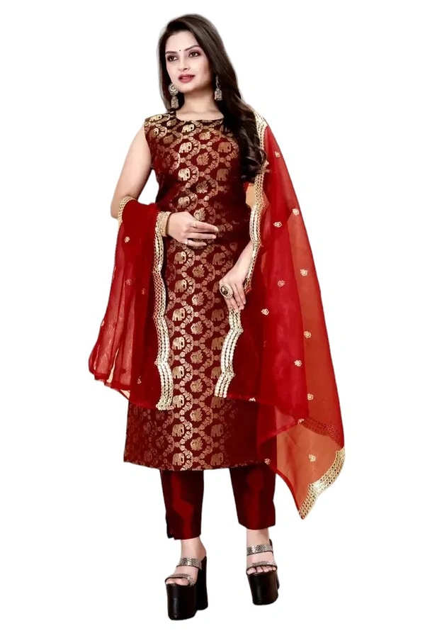 Stylish Maroon Jacquard Kurta, Bottom And Dupatta Set For Women - Maroon, M