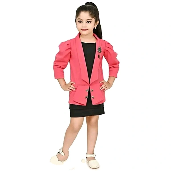 Classic Crepe Solid Dress for Kids Girls with Jacket - Red, 2-3 Years