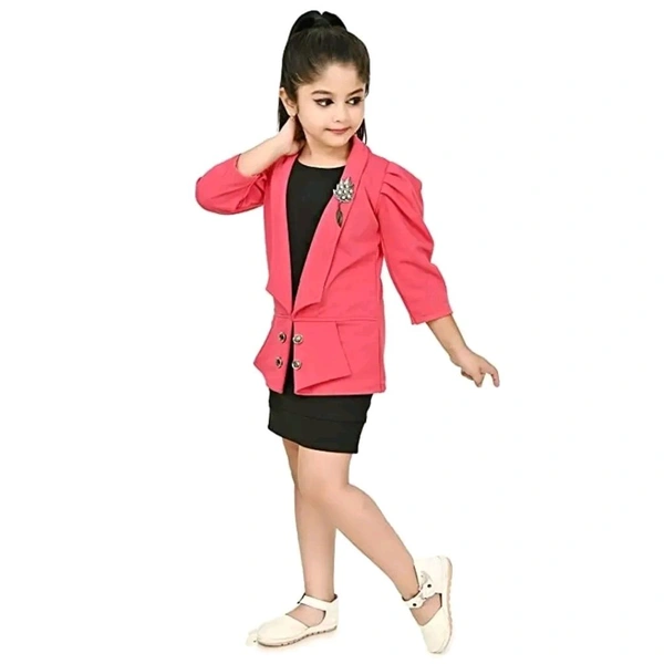 Classic Crepe Solid Dress for Kids Girls with Jacket - Red, 6-7 Years
