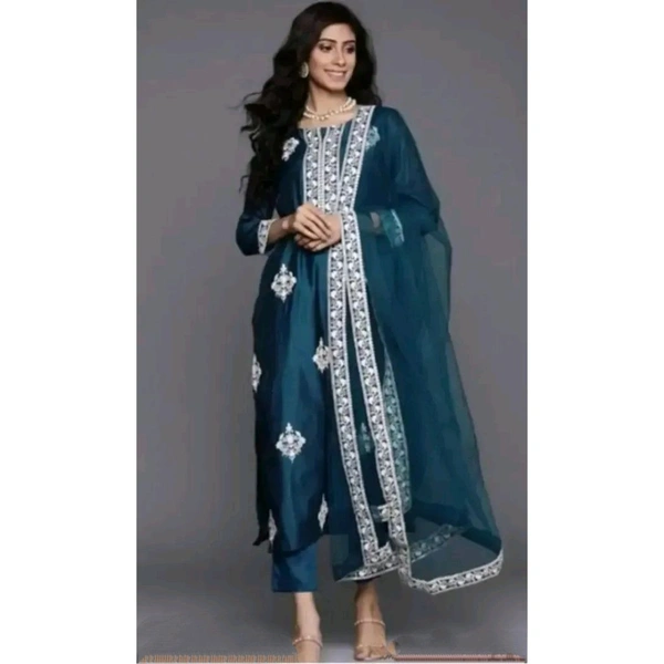 Stylish Fancy Rayon Slub Kurta With Bottom Wear And Dupatta Set For Women - Blue Dianne, S