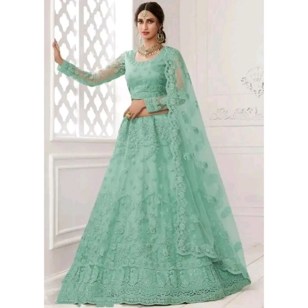 Stylish Green Net Embroidered Lehenga Choli Set For Women - Green, Free Size