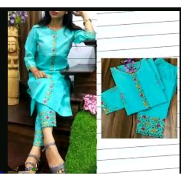 Turquoise Cotton Slub Embroidered Kurtas For Women - Bright Sky Blue, M